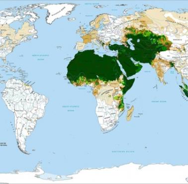 Odsetek ludności muzułmańskiej w poszczególnych państwach świata, 2015