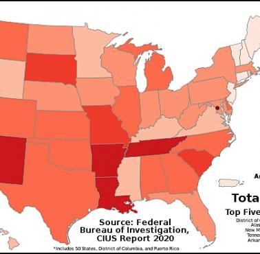 Ogólny wskaźnik przestępczości według stanu USA (na 100 tys.), 2020