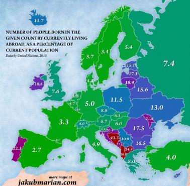 Procent mieszkańców danego europejskiego państwa, która mieszka za granicą, 2015