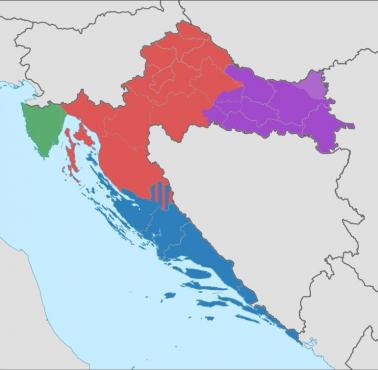 Regiony historyczne Chorwacji: czerwony - Chorwacja właściwa, niebieski - Dalmacja, fioletowy - Słowenia, zielony - Istria