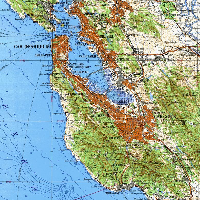 Szczegółowa zimnowojenna mapa sowiecka obszaru Zatoki San Francisco, 1980 