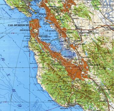 Szczegółowa zimnowojenna mapa sowiecka obszaru Zatoki San Francisco, 1980 
