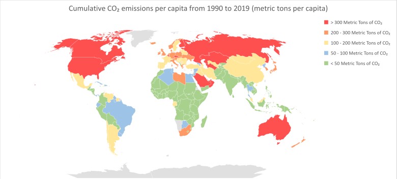 Emisja CO2 (w tonach) na mieszkańca, 1990-2016