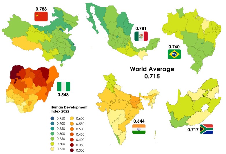 Wskaźnik rozwoju społecznego (Human Development Index, HDI), Chin, Meksyku, Brazylii, RPA, Indii i Nigerii, 2022