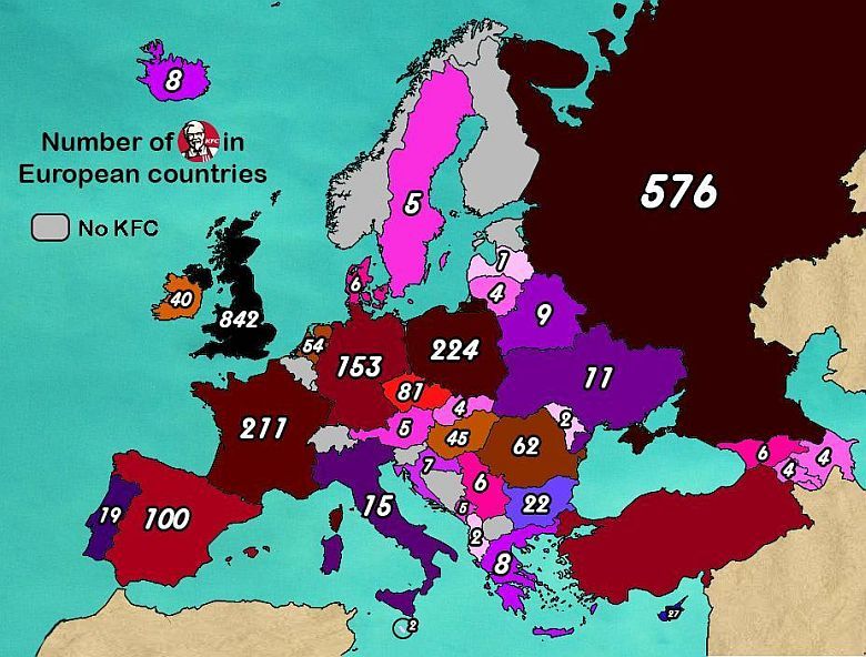 Liczba barów KFC w poszczególnych krajach Europy