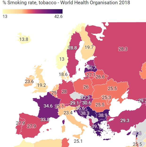 Odsetek osób palących w Europie, 2018, WHO