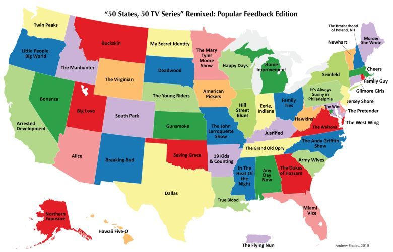 Mapa miejsc w USA, gdzie rozgrywała się akcja popularnych seriali