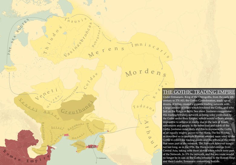 Mapa sieci handlowej Gotów (plemiona wschodniogermańskie), około 250 r. n.e.