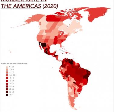Wskaźnik zabójstw na 100 tys. mieszkańców w 2020 roku w obu Amerykach