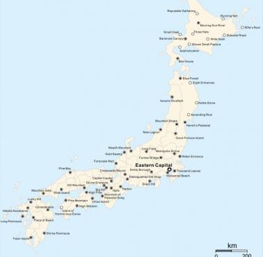 Japonia z przetłumaczonymi na angielski nazwami miast