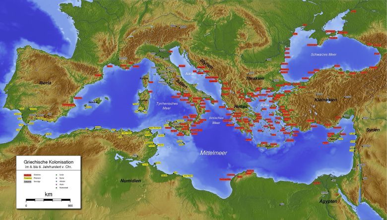 Mapa fenickich (kolor żółty) i greckich kolonii około 8-6 wieku p. n. e.
