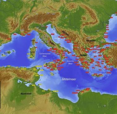 Mapa fenickich (kolor żółty) i greckich kolonii około 8-6 wieku p. n. e.