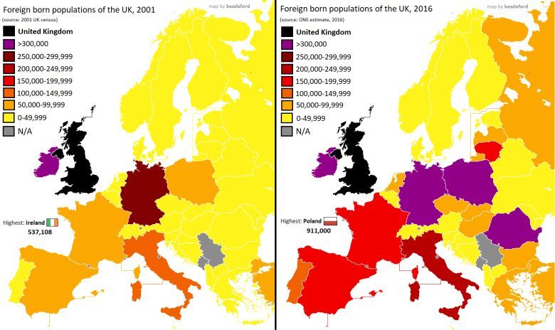 Najliczniejsze mniejszości narodowe (obywatele innych państw) w Wielkiej Brytanii, porównanie 2001 i 2016 roku