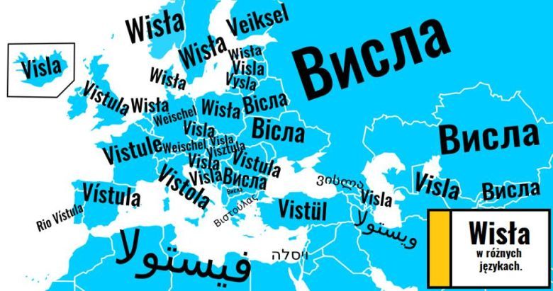 Wisła w różnych językach (brak danych dla Albanii, Armenii, Irlandii i Turkmenistanu)