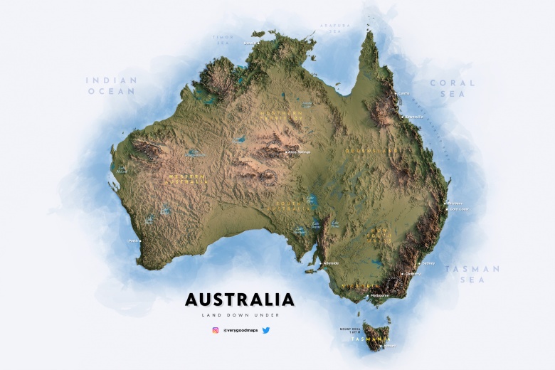 Reliefowa mapa Australii i wysp wokół niej