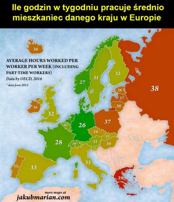 Ile godzin w tygodniu pracuje średnio mieszkaniec danego kraju w Europie, 2016