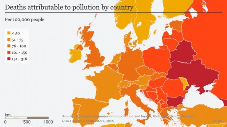 Śmierć z powodu zanieczyszczenia środowiska w poszczególnych państwach europejskich, 2015