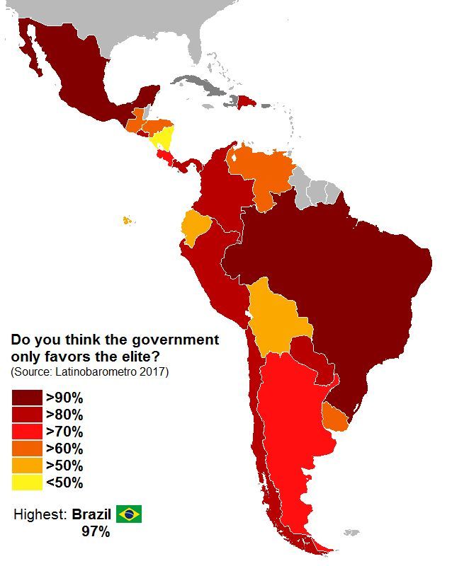 Odsetek mieszkańców Ameryki Łacińskiej, którzy uważają, że rząd faworyzuje tylko elitę, 2017