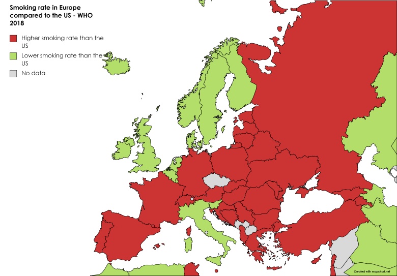 Wskaźnik palenia tytoniu w Europie w porównaniu z USA - WHO 2018