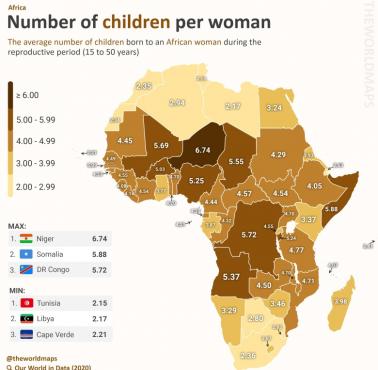 Średnia liczba dzieci na kobietę w Afryce, 2020