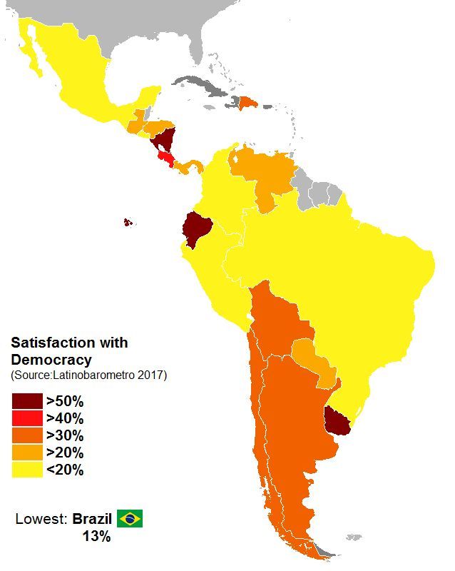 Poziom zadowolenia z tego jak działa demokracja w krajach Ameryki Łacińskiej
