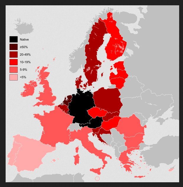 Znajomość języka niemieckiego w poszczególnych europejskich krajach