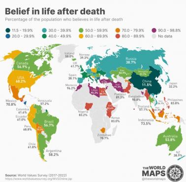 Odsetek ludności na świecie, która wierzy w życie po śmierci, 2017-2022