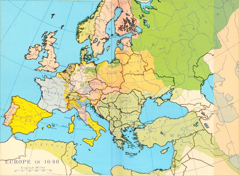 Mapa Europy z 1648 z naniesionymi aktualnymi granicami