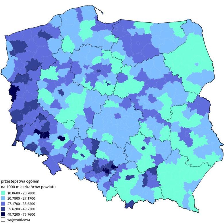 Przestępstwa w Polsce w przeliczeniu na 1000 mieszkańców powiatu, dominuje Polska zachodnia