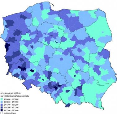Przestępstwa w Polsce w przeliczeniu na 1000 mieszkańców powiatu, dominuje Polska zachodnia