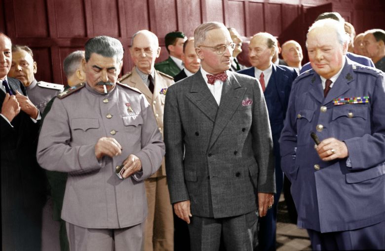Spotkanie sojuszników - Winston Churchill, Harry Truman i Józef Stalin, Poczdam, 1945