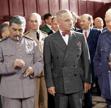 Spotkanie sojuszników - Winston Churchill, Harry Truman i Józef Stalin, Poczdam, 1945