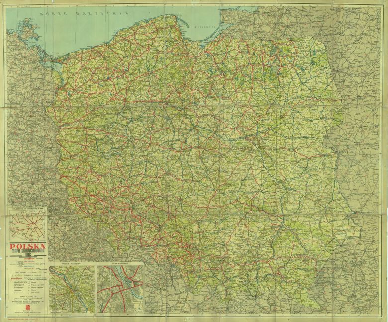 Mapa samochodowa Polski z 1947 roku z rodzajem i stanem nawierzchni