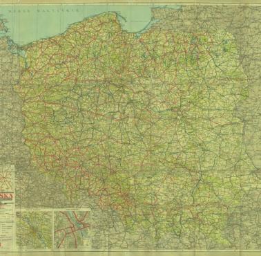 Mapa samochodowa Polski z 1947 roku z rodzajem i stanem nawierzchni