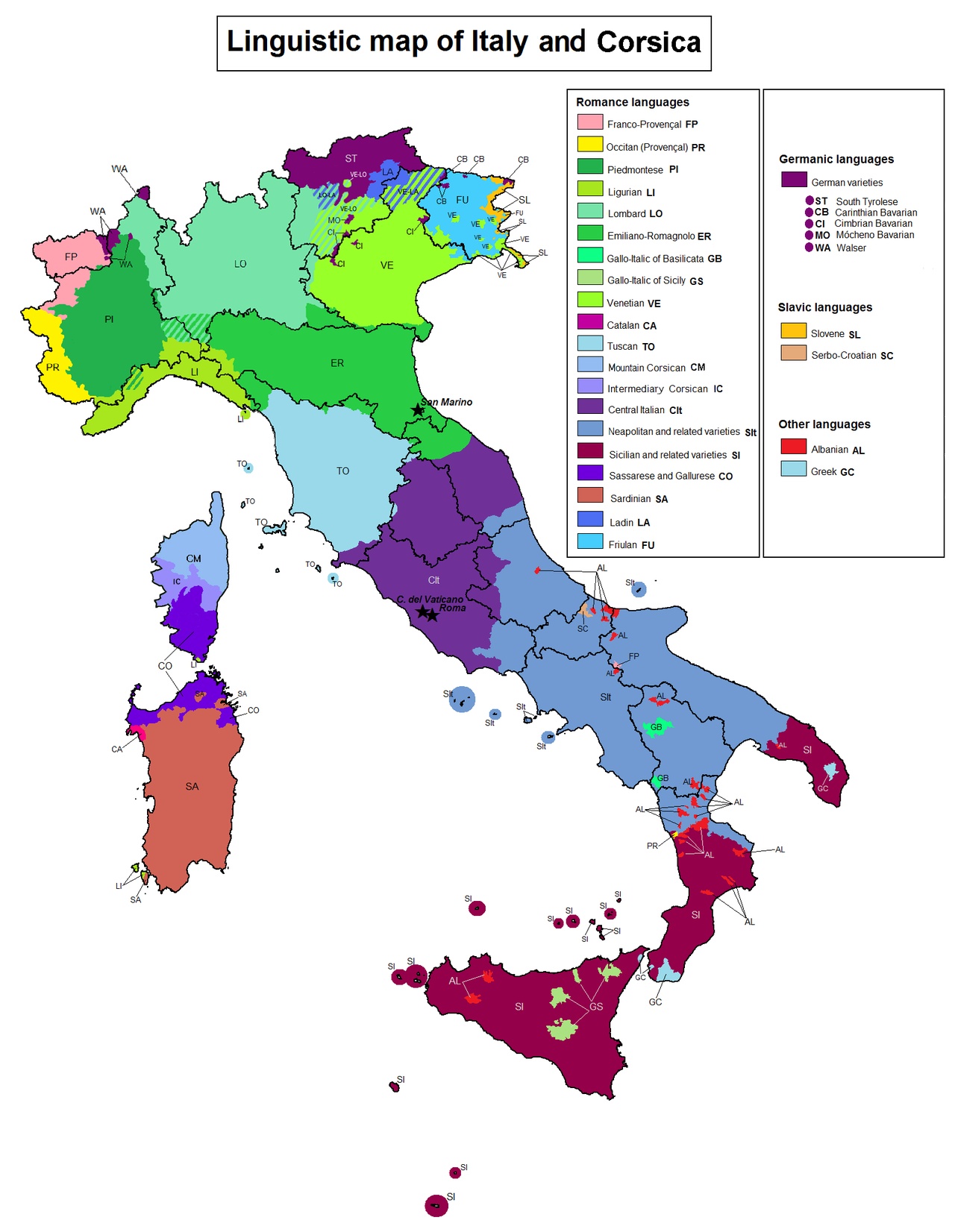 Mapa językowa Włoch (oprócz włoskiego), języki regionalne