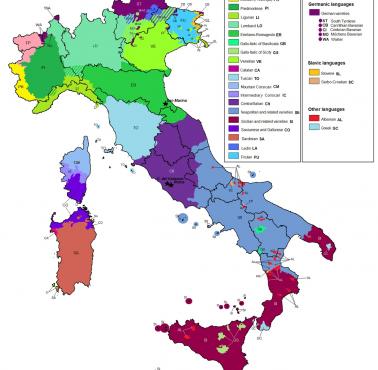 Mapa językowa Włoch (oprócz włoskiego), języki regionalne