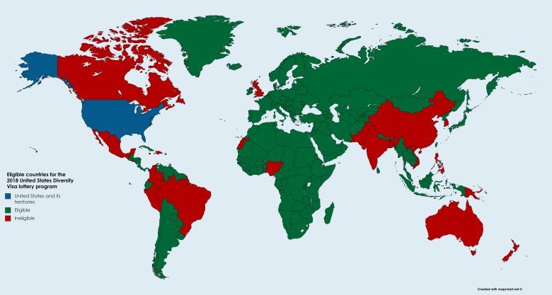Kraje, których obywatel kwalifikują się do udziału w loterii wizowej do USA, 2018