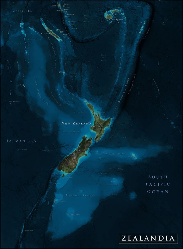 Topograficzna mapa Zelandii – mikrokontynent leżący na wschód od Australii