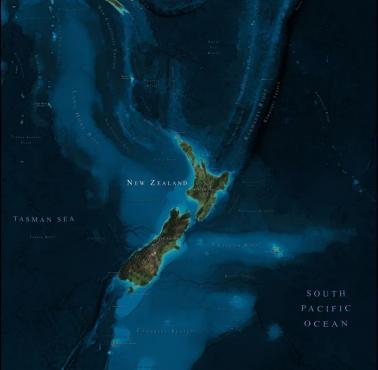 Topograficzna mapa Zelandii – mikrokontynent leżący na wschód od Australii