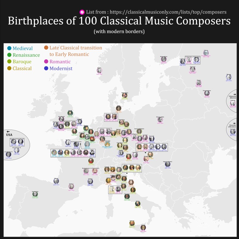 Miejsce narodzin 100 kompozytorów muzyki klasycznej (w nowoczesnych granicach)