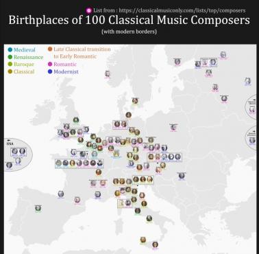 Miejsce narodzin 100 kompozytorów muzyki klasycznej (w nowoczesnych granicach)