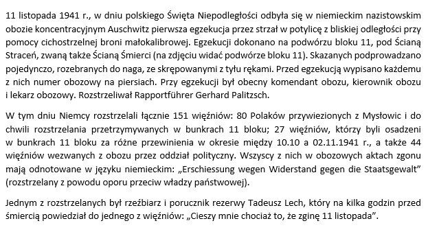 11 listopada 1941, Święto Niepodległości w niemieckim obozie Auschwitz odbyła się pierwsza egzekucja przez strzał w potylicę ...