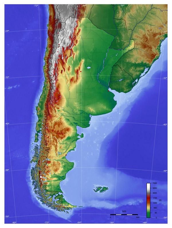 Topograficzna mapa południowej części Ameryki Południowej