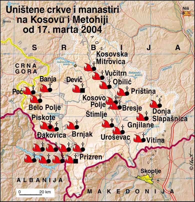 Mapa zniszczonych kościołów, cerkwi, klasztorów chrześcijańskich w Kosowie od 2004 roku