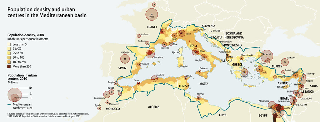 Gęstość zaludnienia i ośrodki miejskie w basenie Morza Śródziemnego, 2010 r.
