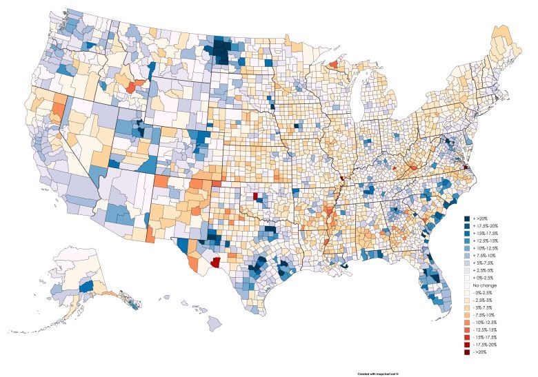 Wzrost liczby ludności w poszczególnych hrabstwach USA w latach 2010-2016
