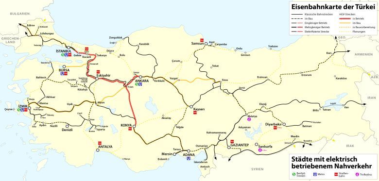 Planowana i istniejąca mapa transportu kolejowego w Turcji