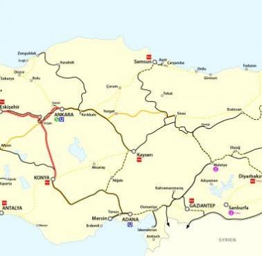 Planowana i istniejąca mapa transportu kolejowego w Turcji