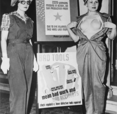 Specjalne uniformy z plastikowymi stanikami, które mają chronić kobietę podczas pracy w fabryce, II wojna światowa, USA, 1943