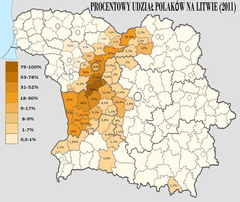 Odsetek Polaków na Litwie i Białorusi w 2011 roku